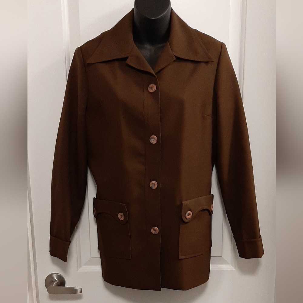 Vintage Brown Women's Polyester Blazer Union Made Button Down Pockets Size 14